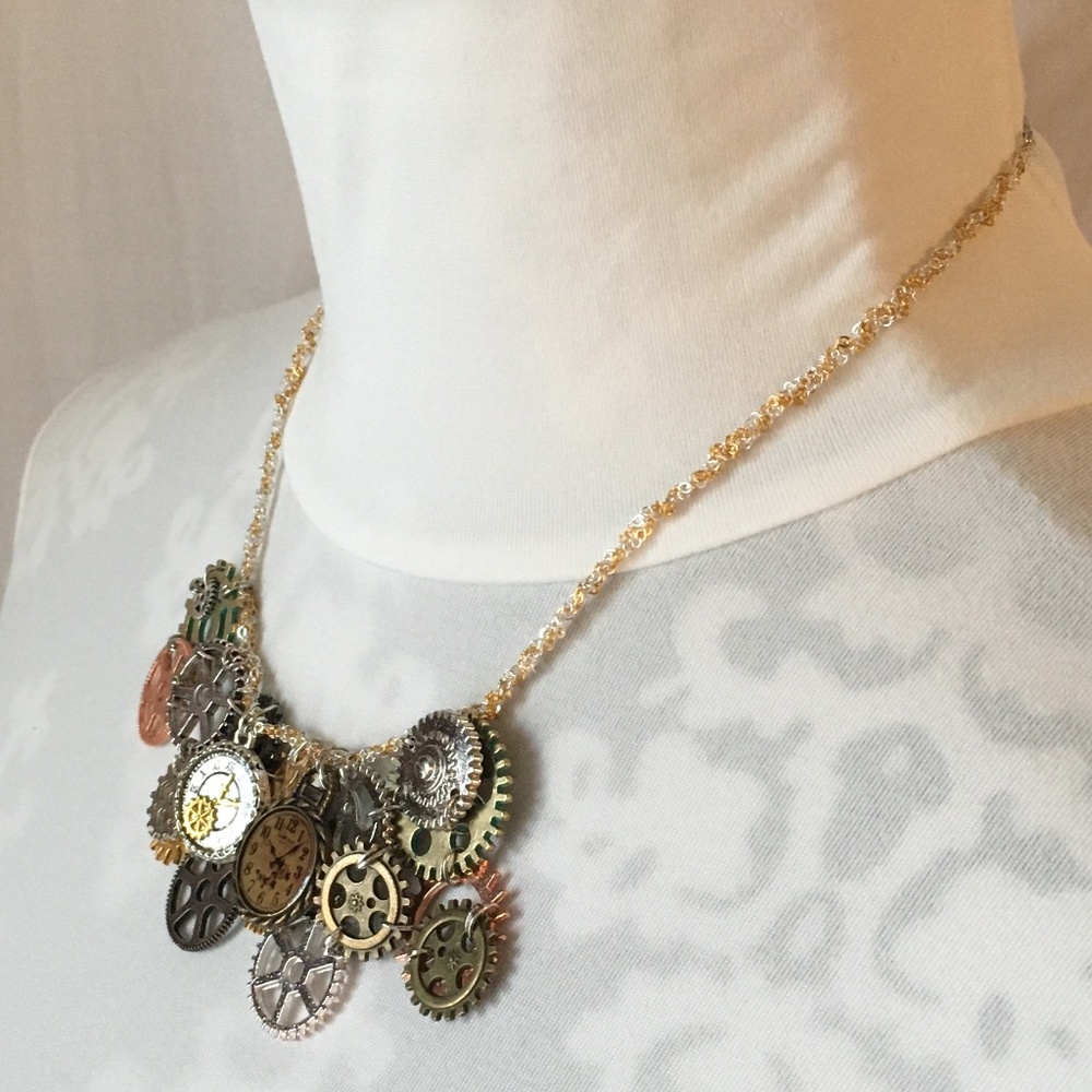 SOLD—Steampunk Handmade Steamer Mixed Metal Bib Necklace with Gears, Clocks - Picture 8 of 16